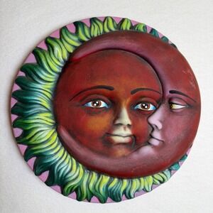 Hand Painted Celestial Whimsigoth Sun and Moon Ceramic Wall Hanging Vintage 90s